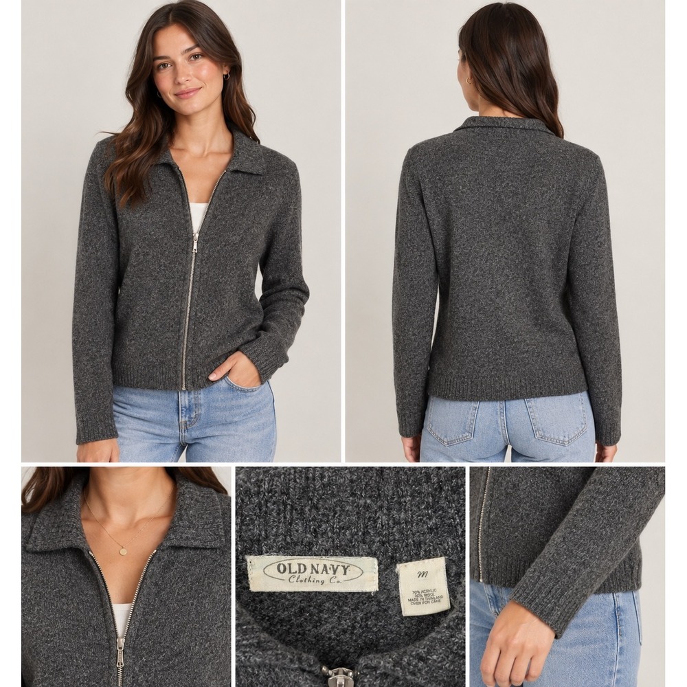 Old Navy Gray Wool Blend Full Zip Cardigan Sweater Size M Charcoal Knit Collar - Picture 1 of 6